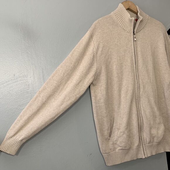 Signum Mens Size Large Khaki Tan Zip Sweater Grandpa Cardigan Minimalist Preppy - Picture 2 of 8